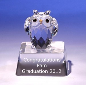 Engraved owl crystal figurine for graduation